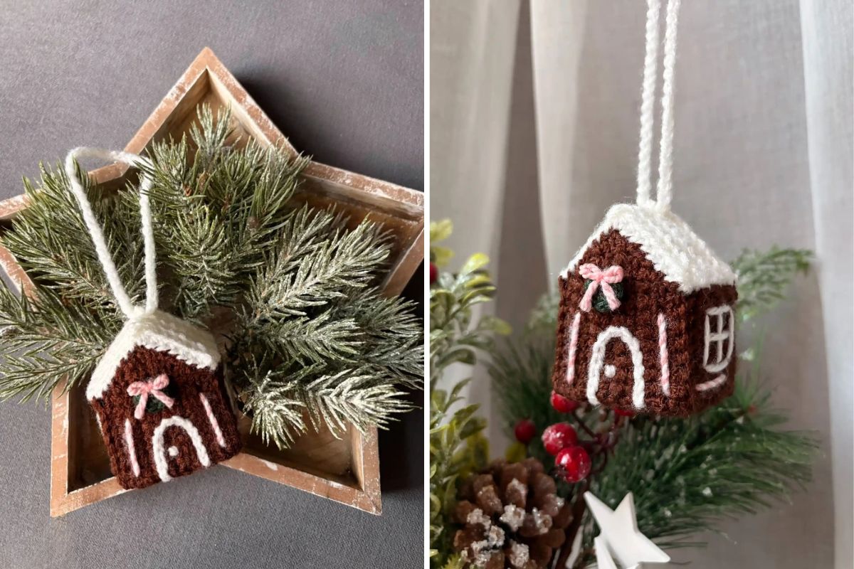 Two images show a crocheted brown gingerbread house ornament with white roof details and pink bow, displayed with pine branches and hanging on a Christmas tree.
