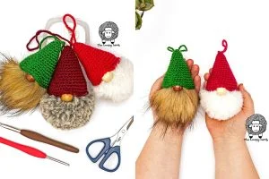 Four handmade gnome ornaments with crocheted hats, faux fur beards, and wooden noses; crochet tools and scissors are visible beside them. Two gnomes are being held in hands.