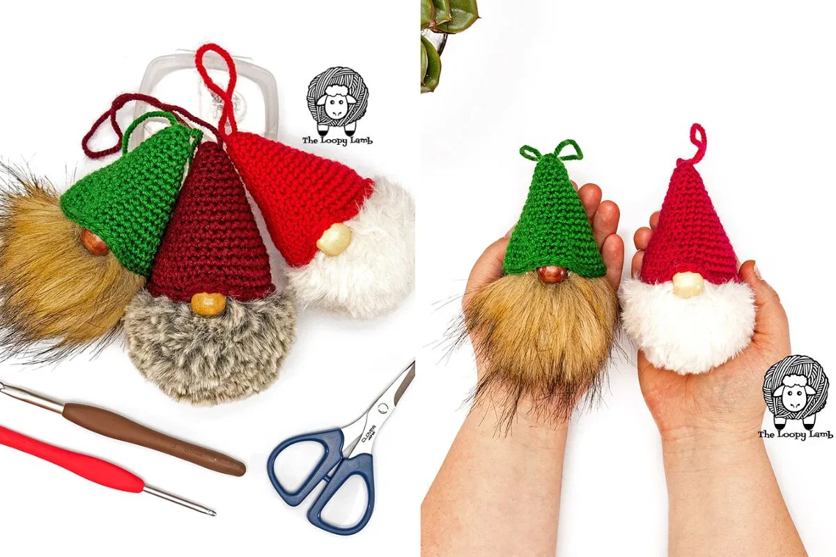 Four handmade gnome ornaments with crocheted hats, faux fur beards, and wooden noses; crochet tools and scissors are visible beside them. Two gnomes are being held in hands.