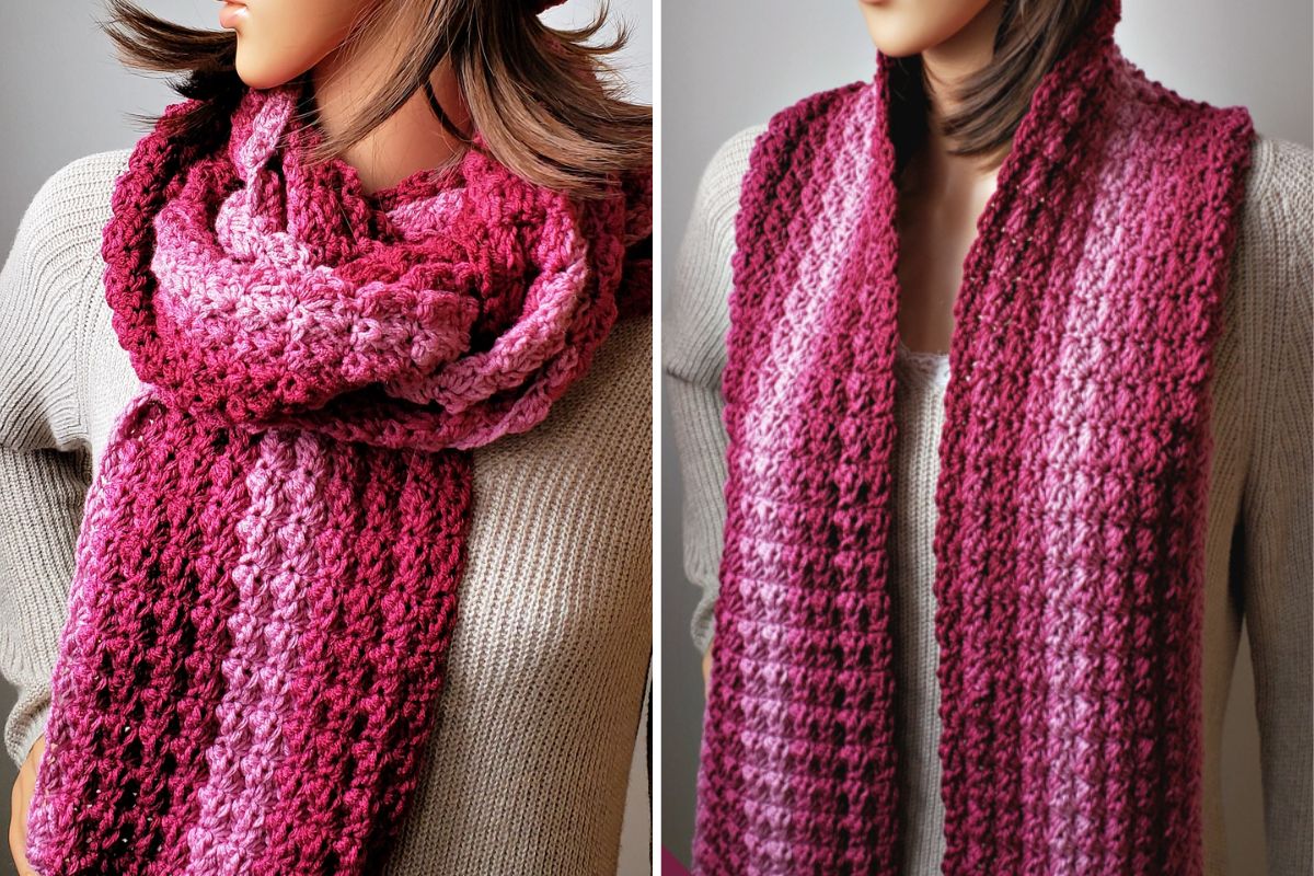 A mannequin wearing a pink and burgundy crocheted scarf; left image shows scarf wrapped around the neck, right image shows scarf hanging loosely.