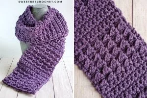A chunky purple crochet scarf displayed on a mannequin and shown in close-up detail, highlighting the textured stitch pattern—perfect to keep cozy all season long.