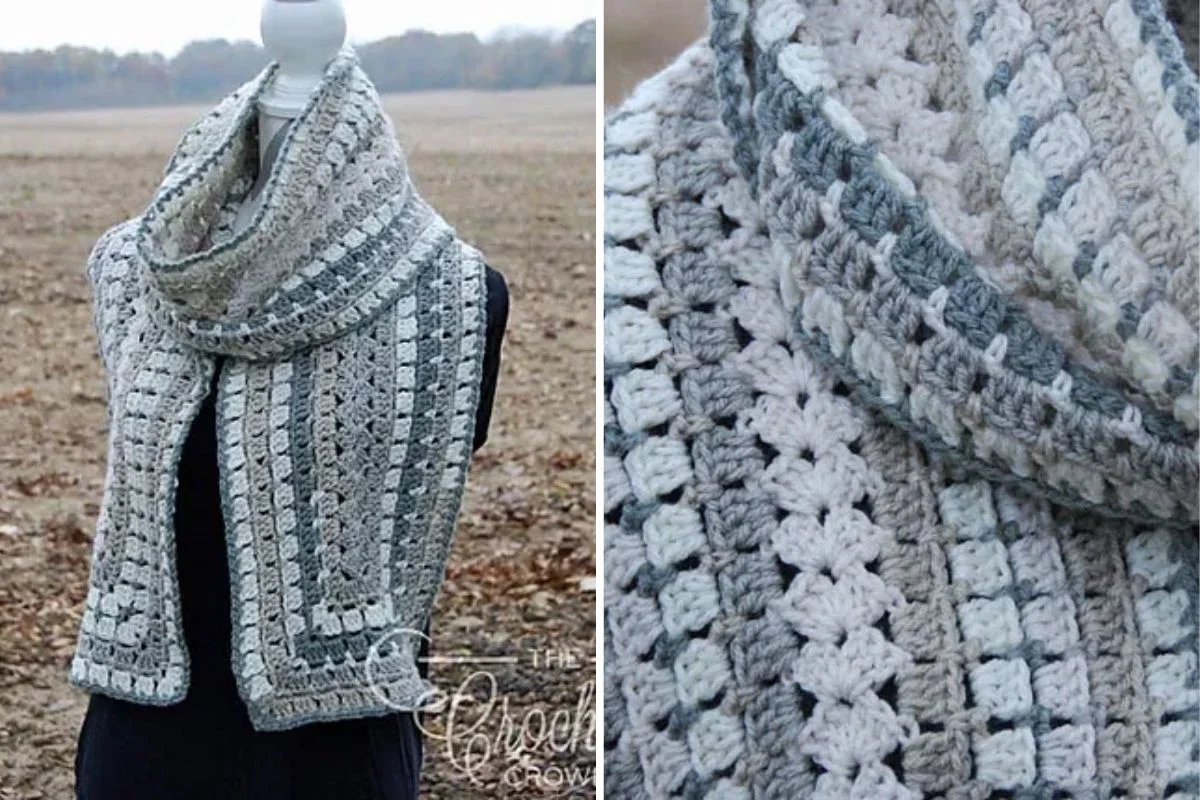 A mannequin displays a crocheted scarf with a gray and white geometric pattern; a close-up shows the detailed stitching of the yarn.