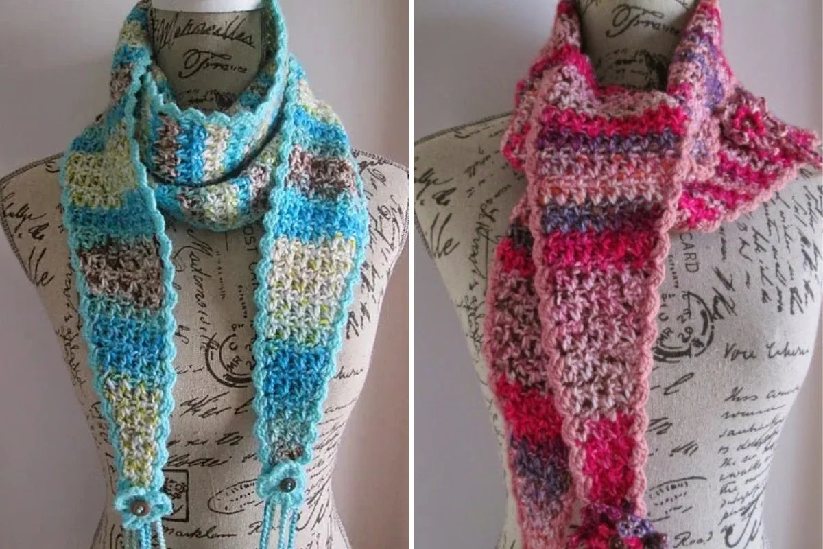 Two crocheted scarves displayed on a dress form; the left scarf is in blue and beige tones with a flower detail, and the right scarf is in pink and purple tones.