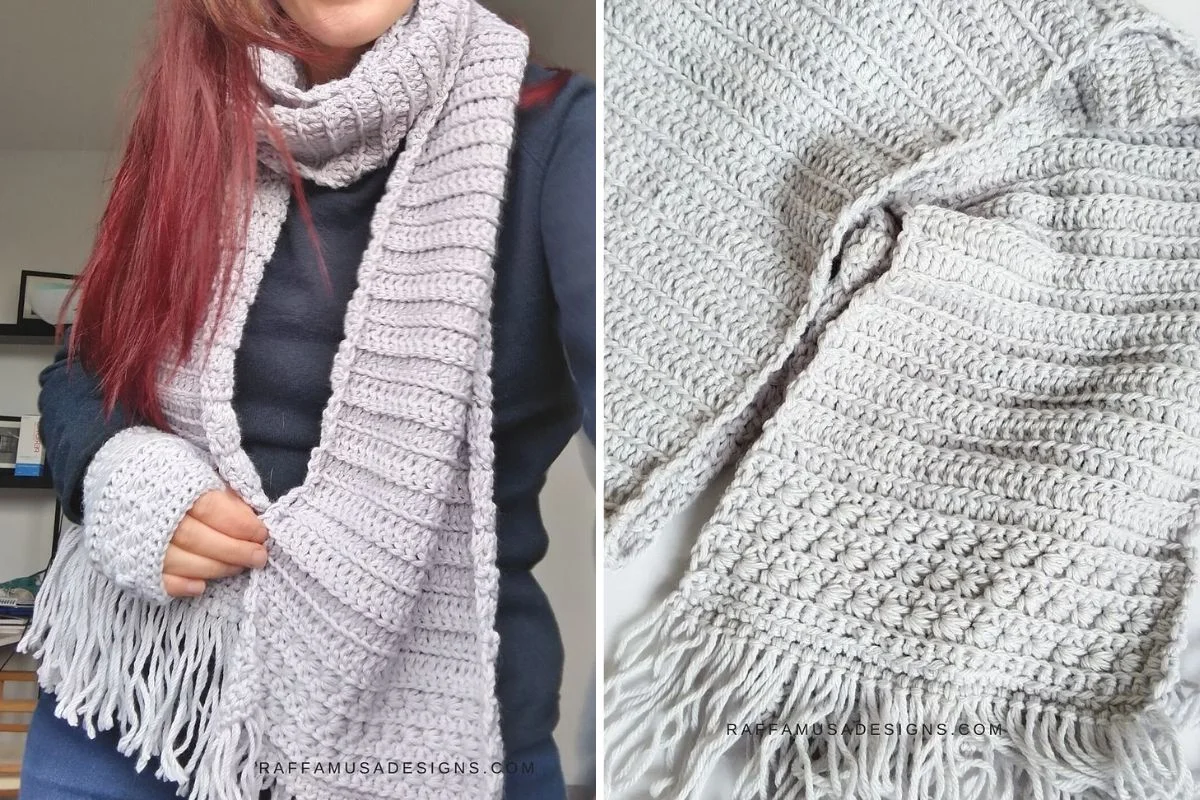 A person wearing a crocheted light gray scarf with matching fingerless gloves, alongside a close-up of the scarf showing its texture and fringe detail.