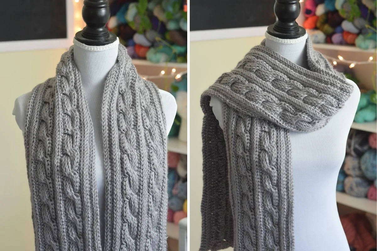 Two images show a gray, crochet scarf draped on a dress form, with shelves of colorful yarn in the background.