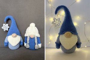 Two crocheted gnome dolls with blue and white hats; one has a snowflake accessory. A single gnome is shown on the right with string lights and a snowflake in the background.