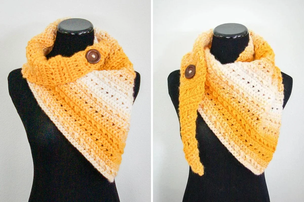 Two views of a mannequin wearing a yellow and cream crocheted triangular scarf with a button closure.