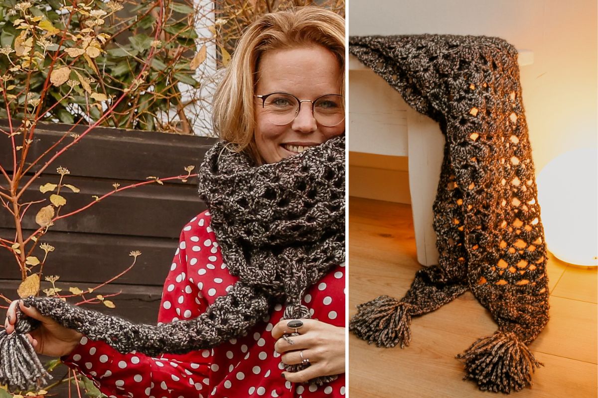 A person wearing a red polka dot shirt models the chunky gray Winter of Eden Scarf with tassels; the cozy crocheted scarf is also displayed draped on furniture.