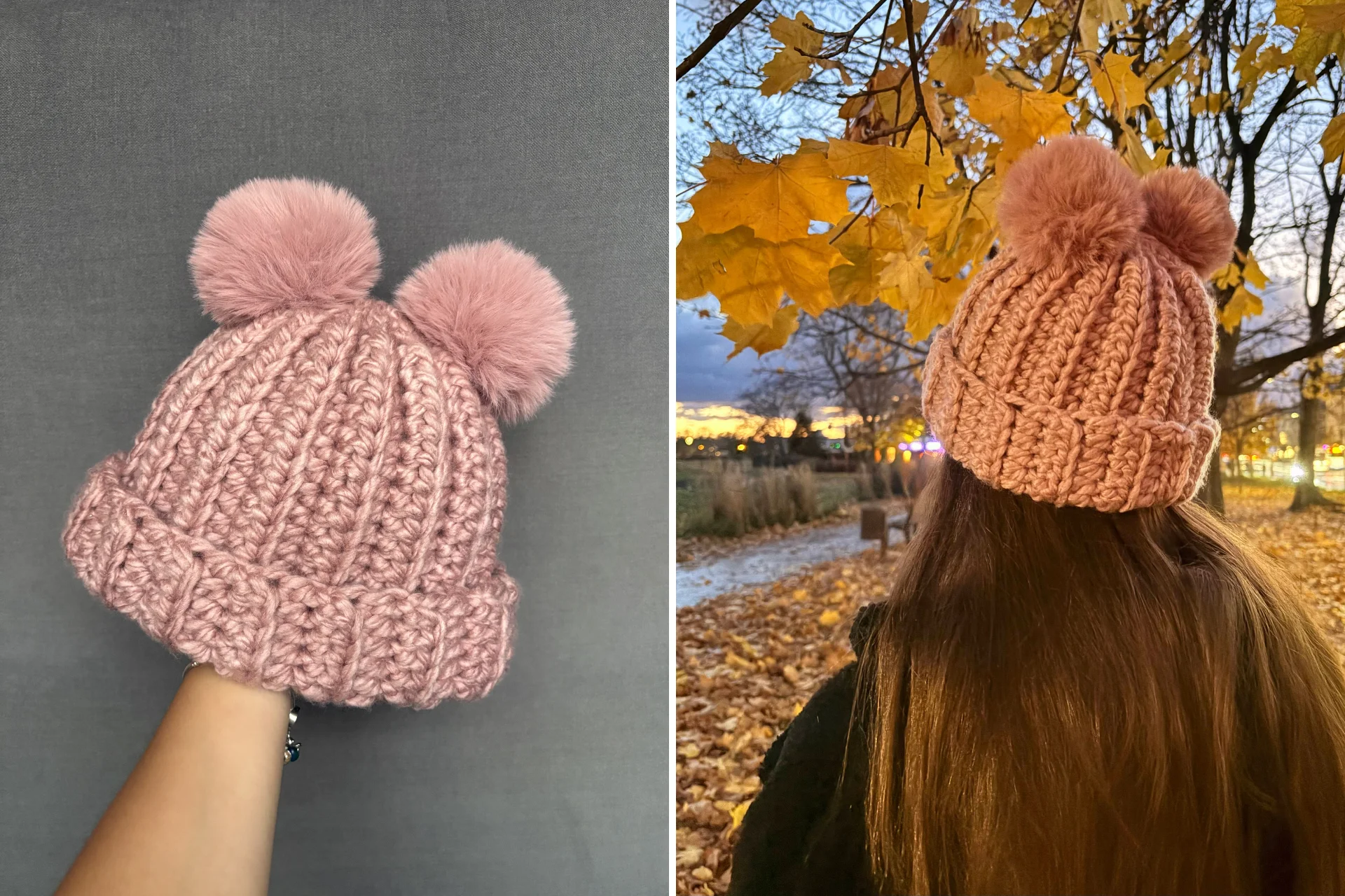 A pink crochet hat with two pom-poms is shown; one image displays the hat alone, while the other shows a person wearing it with a cozy crochet headband outdoors among autumn leaves.