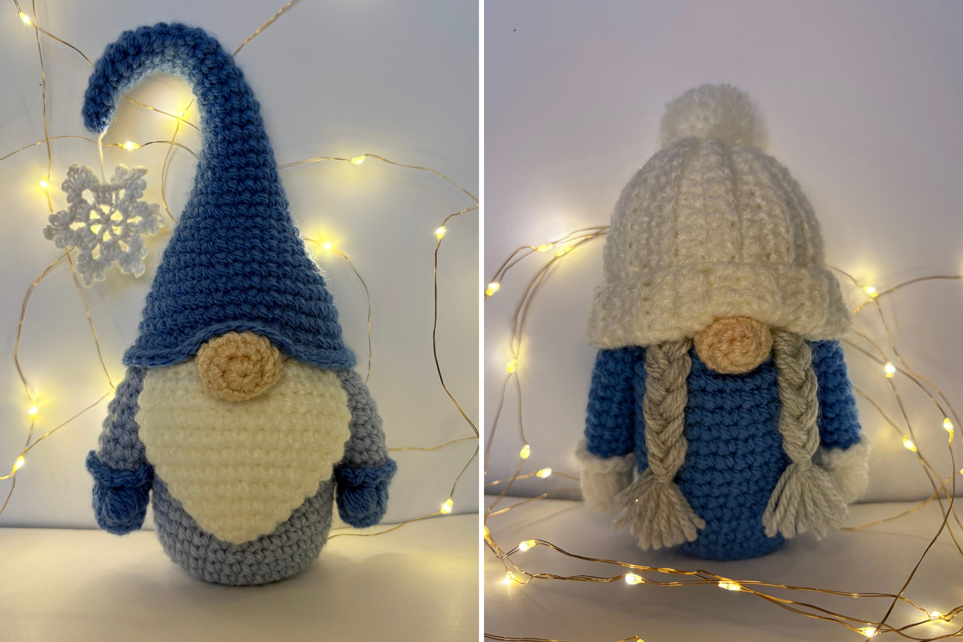 Two crochet gnome dolls with blue bodies; the left one has a tall blue hat, the right one has a white hat with braids. Both are surrounded by string lights and a snowflake—perfect companions for any crochet gnome or pumpkin pattern project.