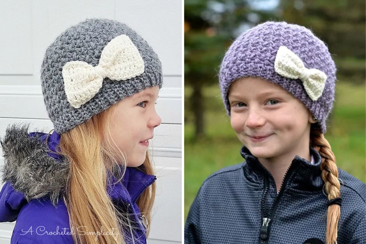 Two girls wearing crocheted hats with large, white bows on the side—one gray, one purple—stand outdoors dressed for cool weather. Their cozy look is perfect for winter fun, just like a crocheted snowman come to life.