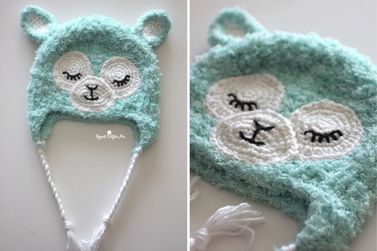 A soft, mint green crocheted hat with bear ears and a white bear face, inspired by a Crocheted Snowman, featuring closed eyes, black nose, and braided chin ties, displayed on a white surface.