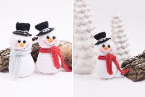Two Crocheted Snowmen with black hats and scarves stand beside logs; one image also features white decorative trees in the background.