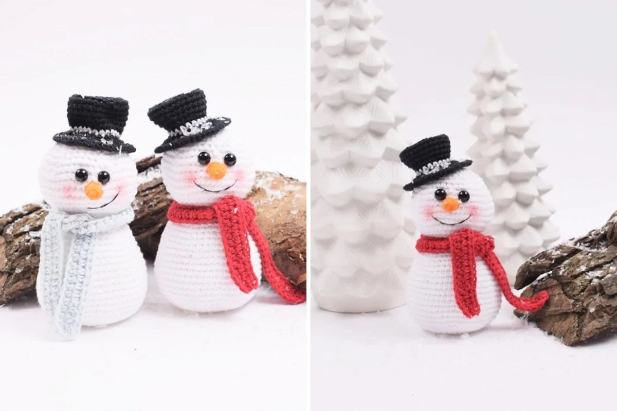 Two Crocheted Snowmen with black hats and scarves stand beside logs; one image also features white decorative trees in the background.