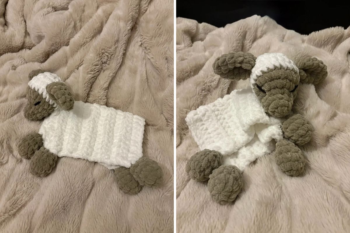a crocheted baby lovey with lamb head and legs