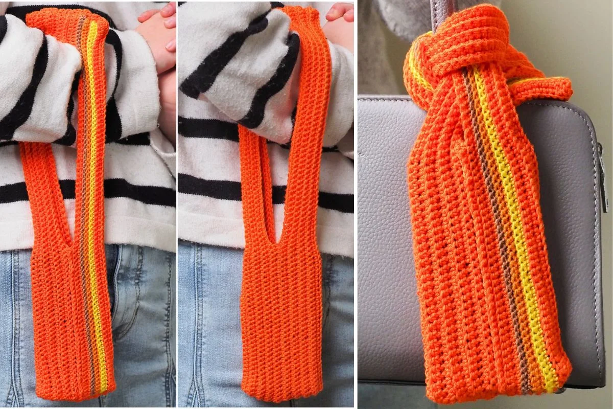 Three images show an orange and yellow crocheted strap, featuring a cute Crocheted Snowman, being worn on a wrist and attached to a grey handbag, demonstrating the handmade accessory’s versatility.