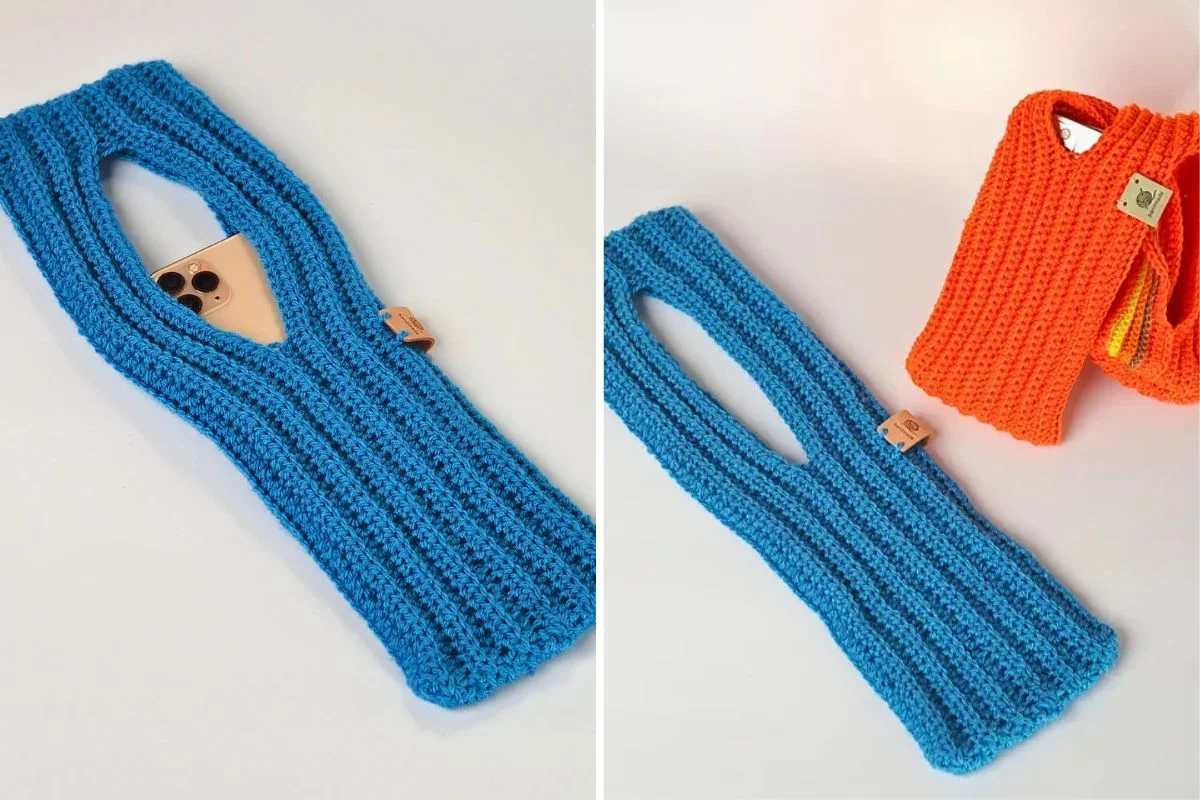 Two images show crocheted phone holders: one in blue with a phone partially inserted, and the other displaying blue and orange holders on a white background, each featuring a subtle Crocheted Snowman design.