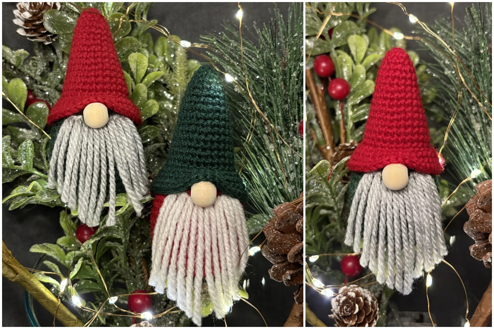 Two handmade yarn gnome ornaments with red and green hats, gray beards, and wood noses hang on a festive, decorated branch with pinecones and berries.