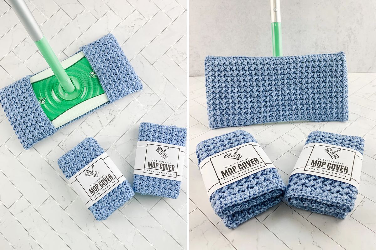 Two images show a blue Easy Mop Cover on a mop head and two unused covers labeled "Mop Cover" resting on a white tiled floor.