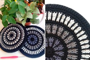 Two round, black and white crocheted potholders are displayed next to potted green plants; a close-up shows the detailed crochet pattern.