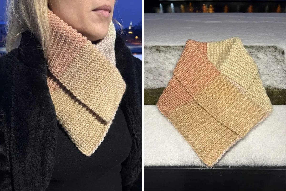 A woman wears a ribbed, color-blocked crochet neck warmer in peach and beige shades; a close-up of the same neck warmer is shown on a snowy surface.