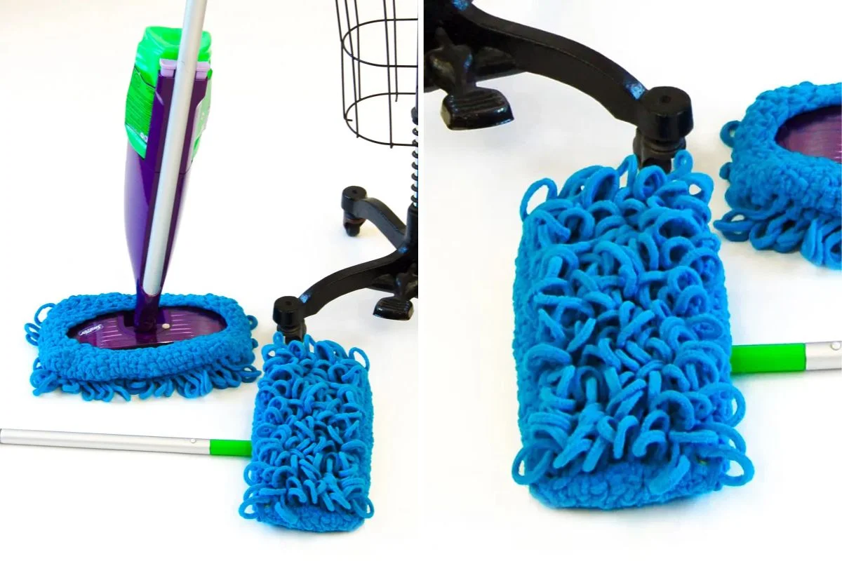 A blue mop cover is shown on and off a mop head, demonstrating how it can be attached and removed. A desk chair and cleaning supplies are visible in the background.