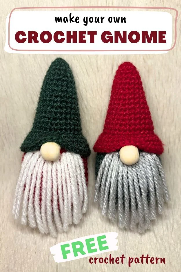 Two handmade Tiny Gnomes with yarn beards—one in a green hat, one in red—are displayed on a beige background with text about a free crochet pattern.