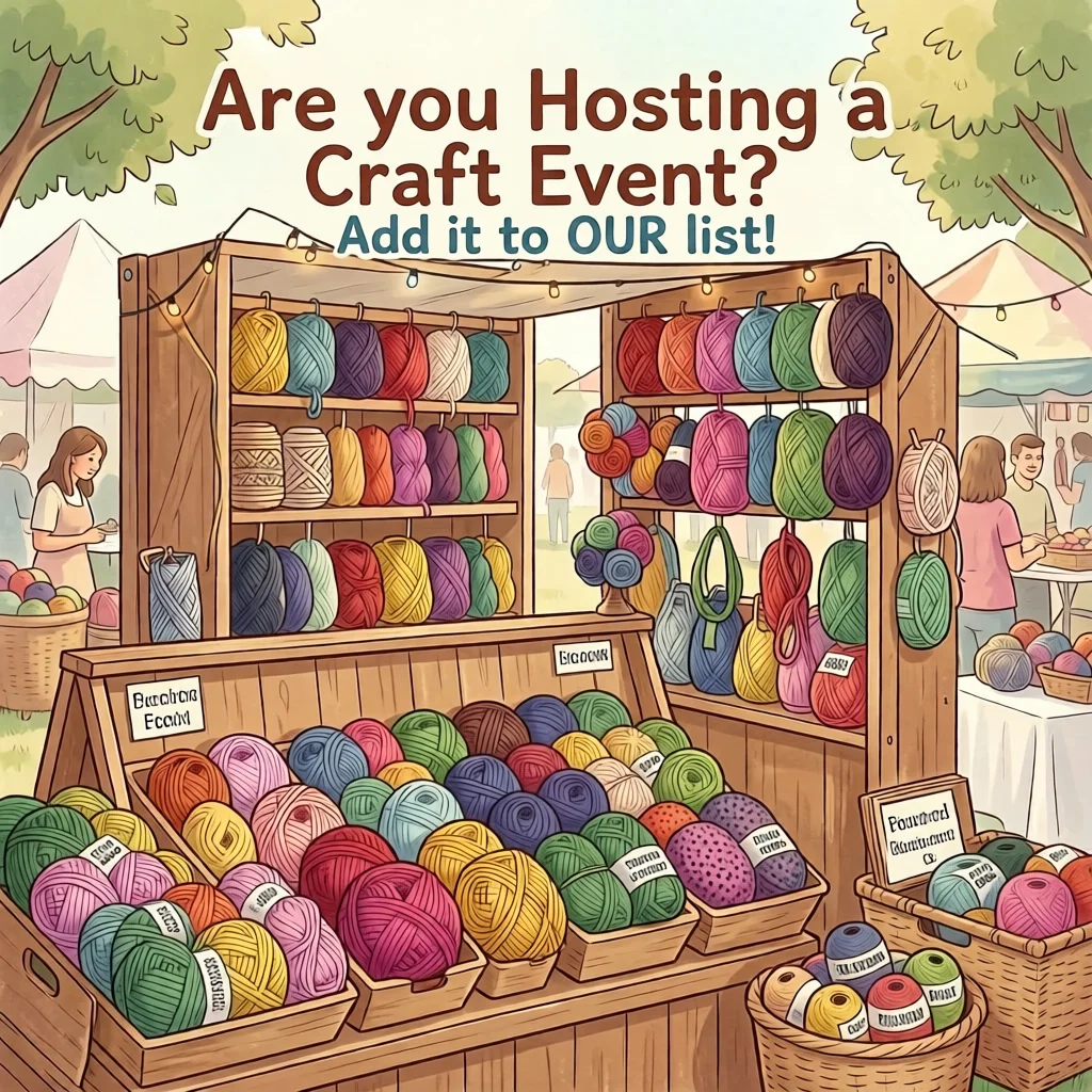 Outdoor craft fair booth displays colorful yarn balls and crochet supplies; sign at the top invites people to add their crochet events to a growing list.