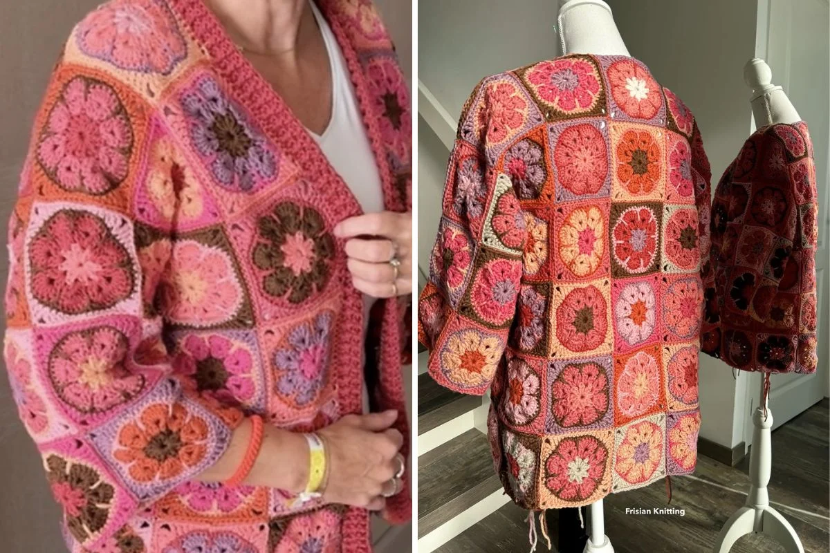 A handmade crochet hexagon button down cardigan featuring colorful flower square patterns in shades of pink, orange, red, and purple, shown worn by a person and displayed on a mannequin.