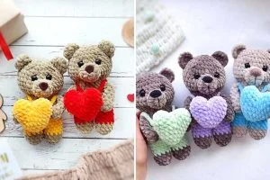 Two images side by side show plush crochet teddy bears holding heart-shaped cushions, each bear in different colors.