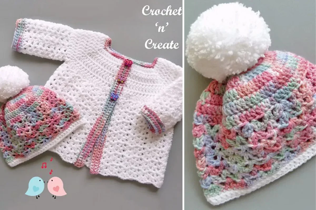 A quick and easy baby cardigan with matching pom-pom hat, both crocheted in white with multicolored pastel accents, displayed on a light background.