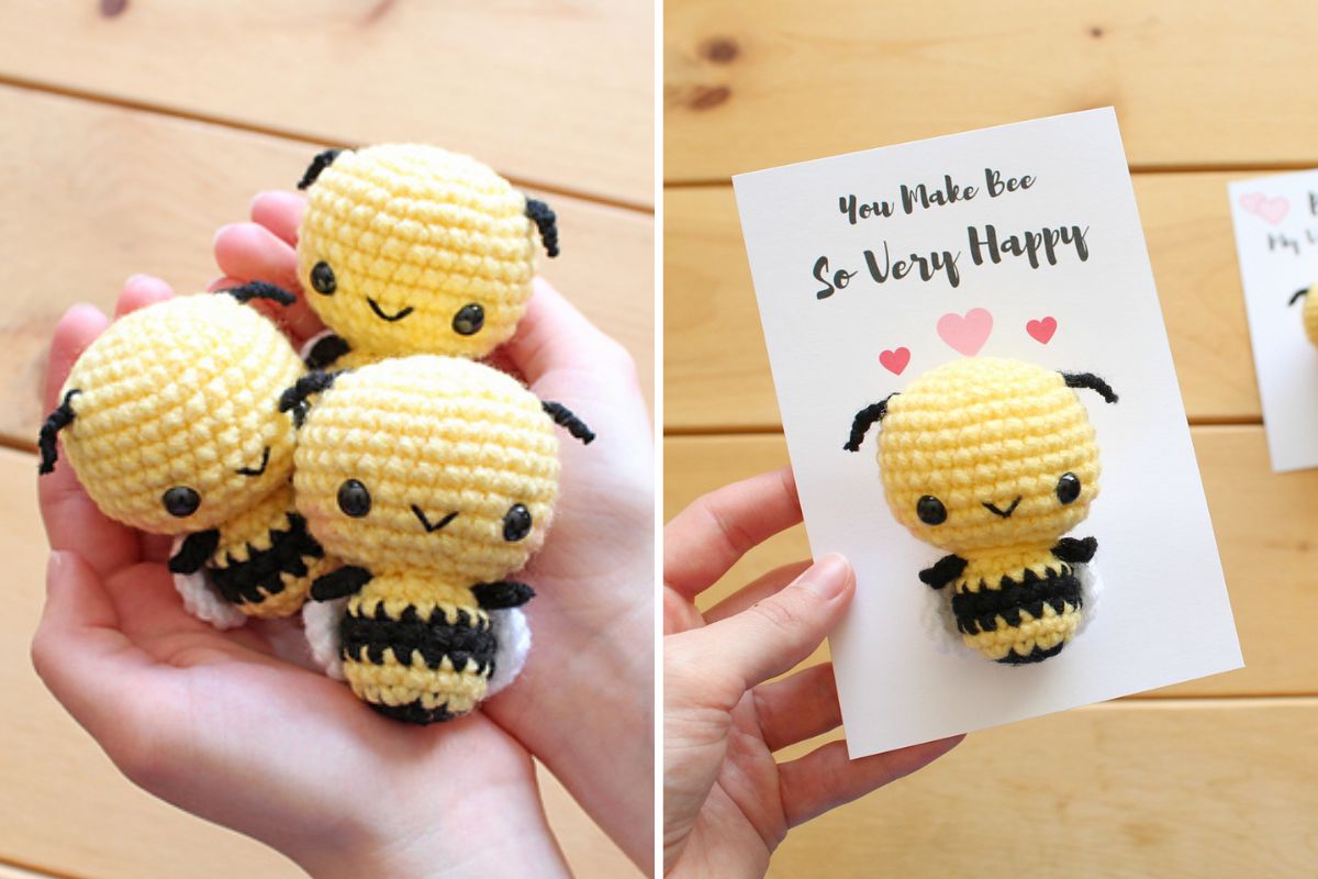 Three crocheted bees are held in one hand; in the next image, a Baby Honey Bee is attached to a card reading "You Make Bee So Very Happy" with hearts above the bee.