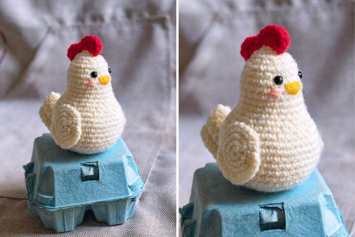 A crocheted Amigurumi chicken, Cocca the Hen, with a red comb sits atop a light blue egg carton, shown from two angles against a neutral background.
