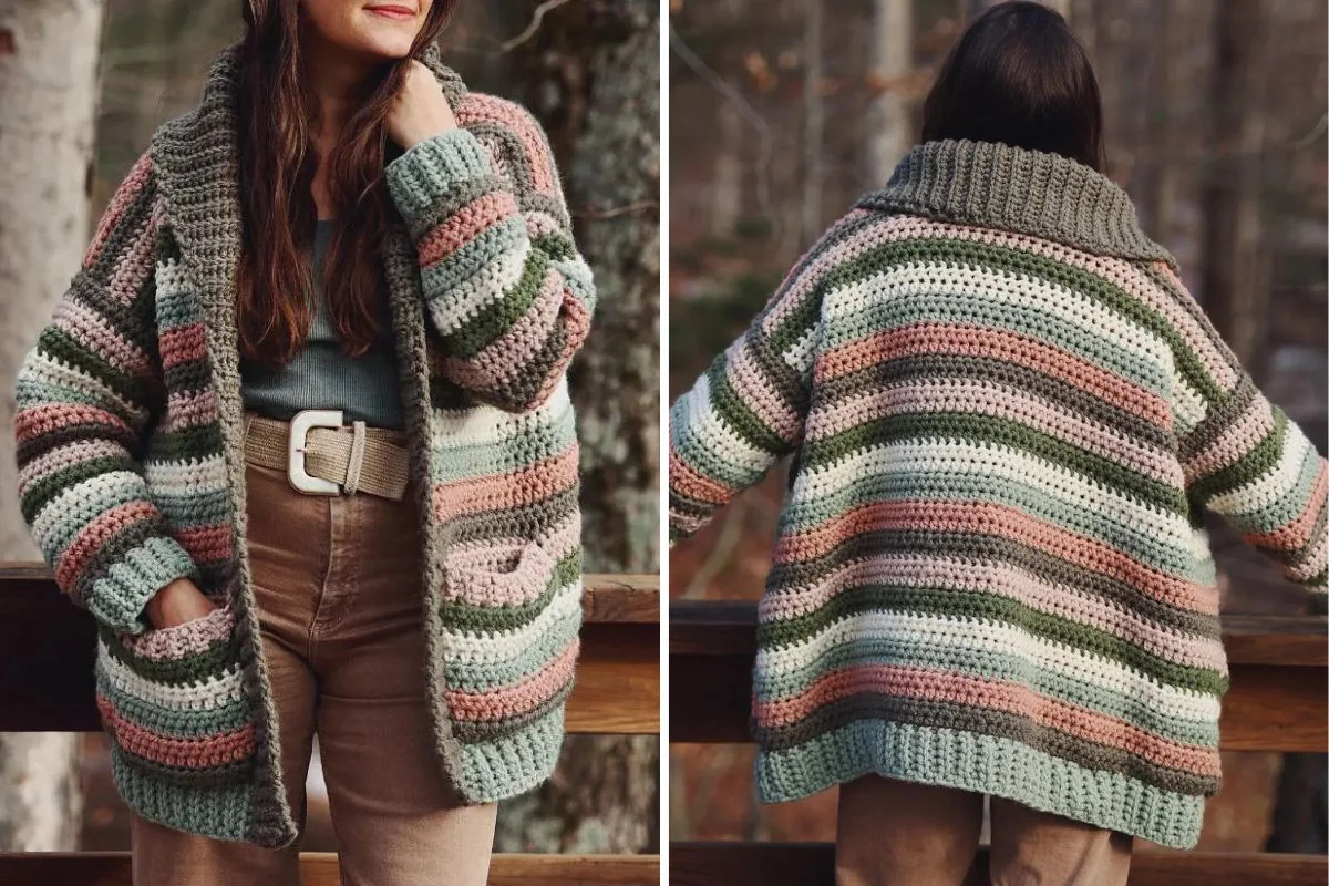 A woman wears a chunky, striped crochet cardigan in earthy tones—crafted with inspiration from the Weebee Sally Doll - Crochet Caddy Mod Kit—shown from the front and back while standing outdoors.