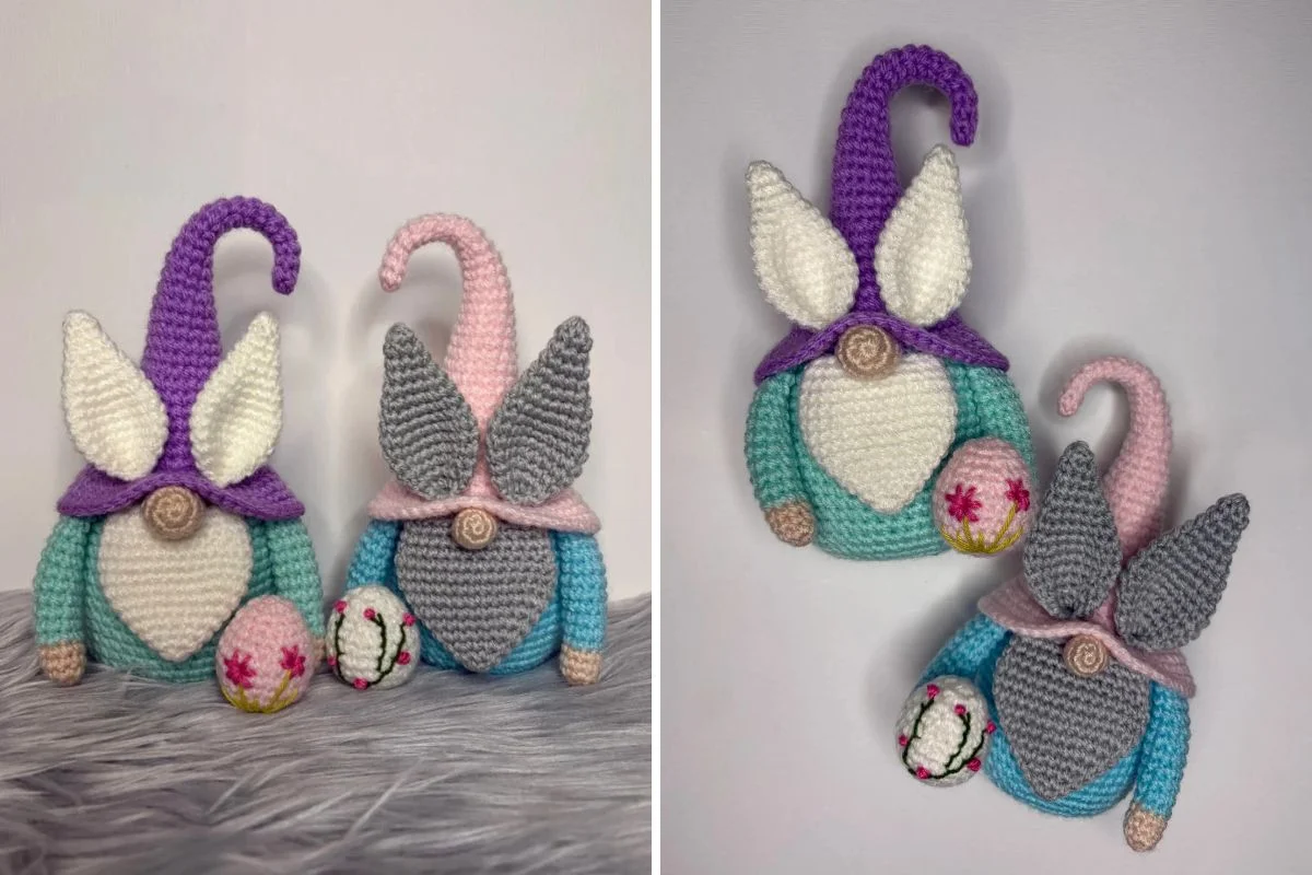 Two crocheted Easter Gnomes with large hats and bunny ears, each holding a small decorated egg, are shown standing and lying on a grey furry surface.
