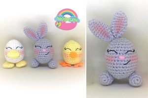 Three crocheted plush toys—a white duck, a purple bunny, and a yellow chick—are displayed against a white background with a Neogrumi logo above.