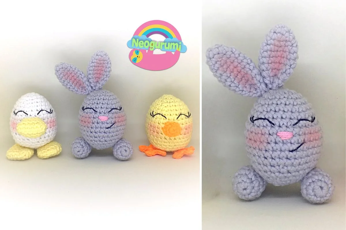 Three crocheted plush toys—a white duck, a purple bunny, and a yellow chick—are displayed against a white background with a Neogrumi logo above.