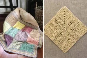 An Ela Square Blanket in vibrant hues is draped on a cushion beside a woven basket, accompanied by a close-up of a single beige crochet square.