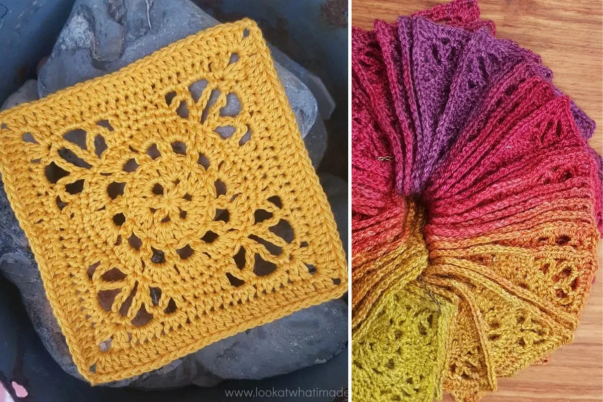 A yellow Emma Square rests on rocks, next to a fan-like arrangement of crocheted squares in gradient colors from purple to yellow.