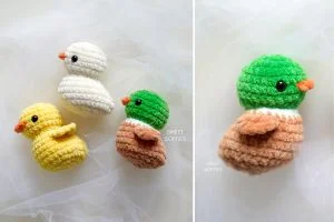 Three crocheted plush birds—a yellow duckling, a white chick, and a green-headed brown bird—are displayed on a sheer white fabric background.