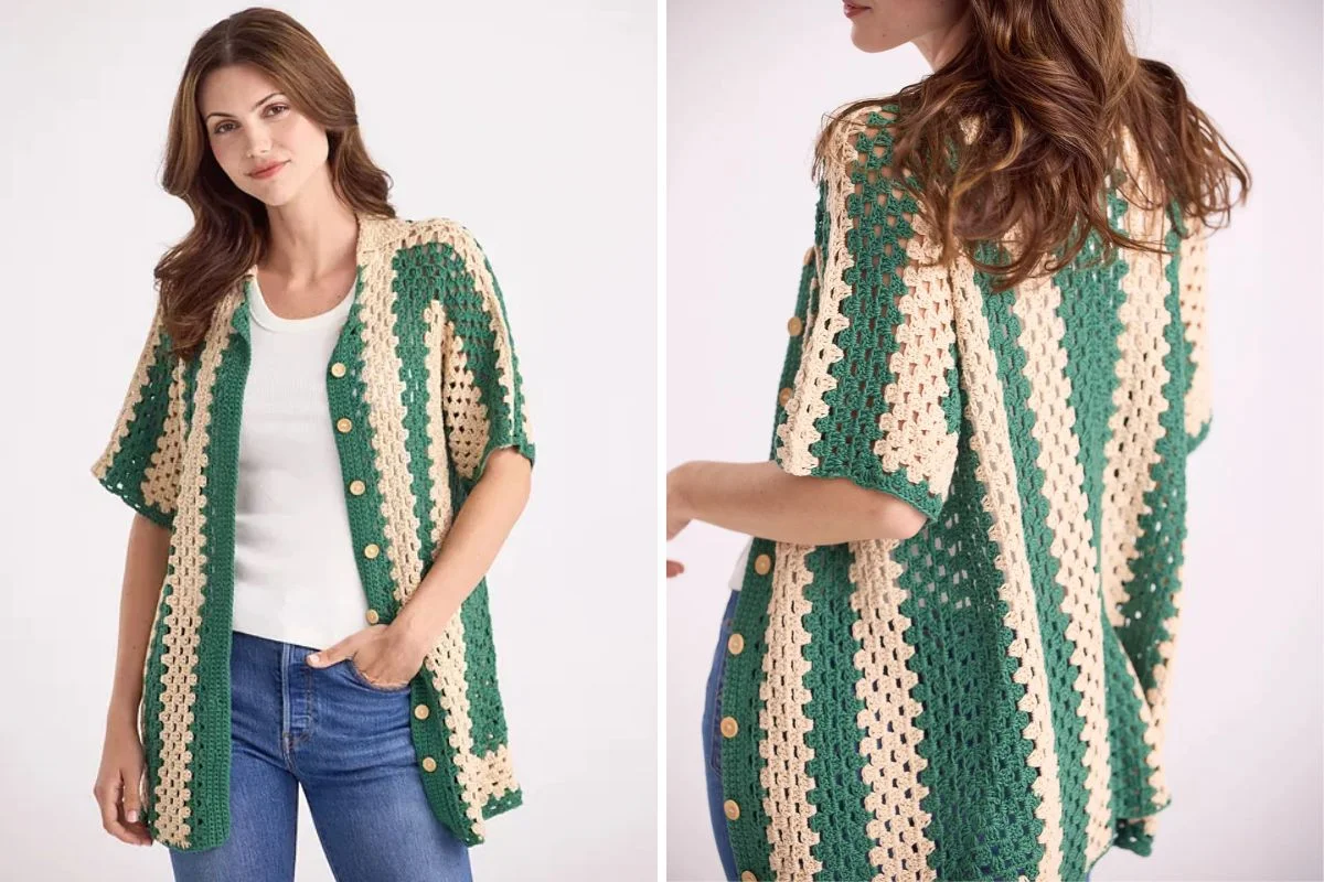 A woman wears the Colorstripe Cardi, a green and beige striped crochet cardigan with wooden buttons, over a white top and blue jeans, shown from the front and back.