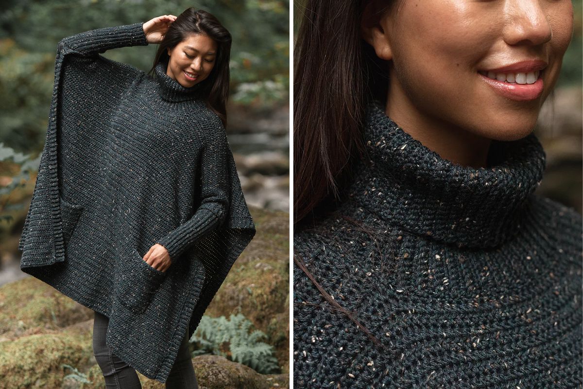 Woman wearing a dark, textured knit poncho with a turtleneck, standing outdoors; the close-up highlights the intricate knit detail inspired by Crafter Granny's timeless techniques.