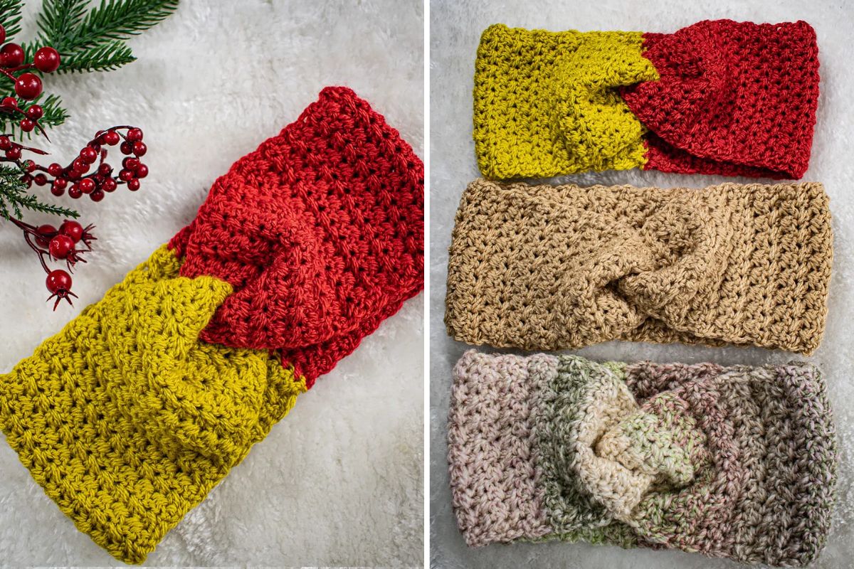 Four Isobel Ear Warmer twisted headbands in various color combinations arranged on a light surface, with holiday greenery and red berries in the corner.