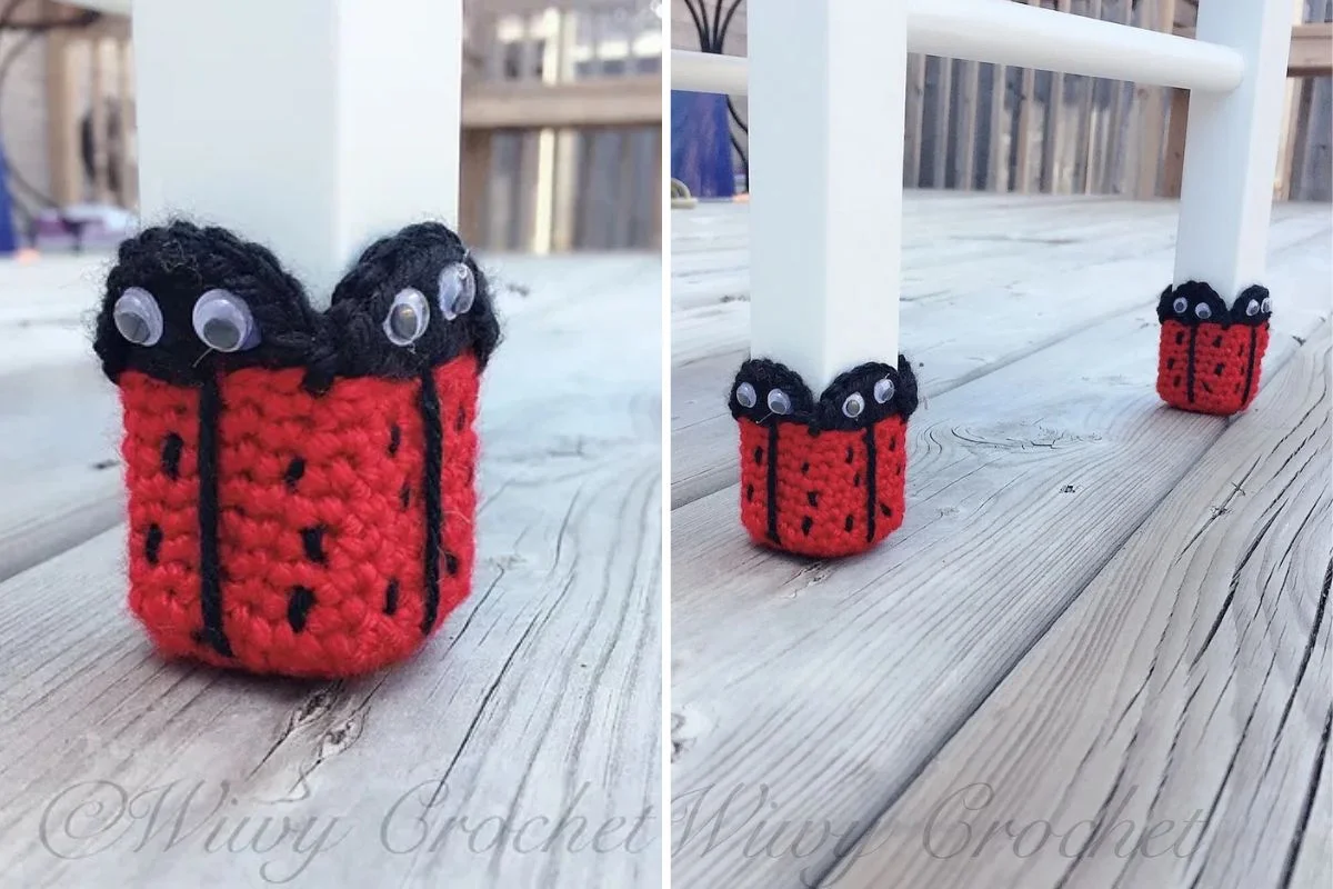 Red and black crocheted ladybug chair leg covers with googly eyes add playful charm to white chair legs on a wooden deck, echoing the cozy style of an African Flower Cardigan Side pattern.
