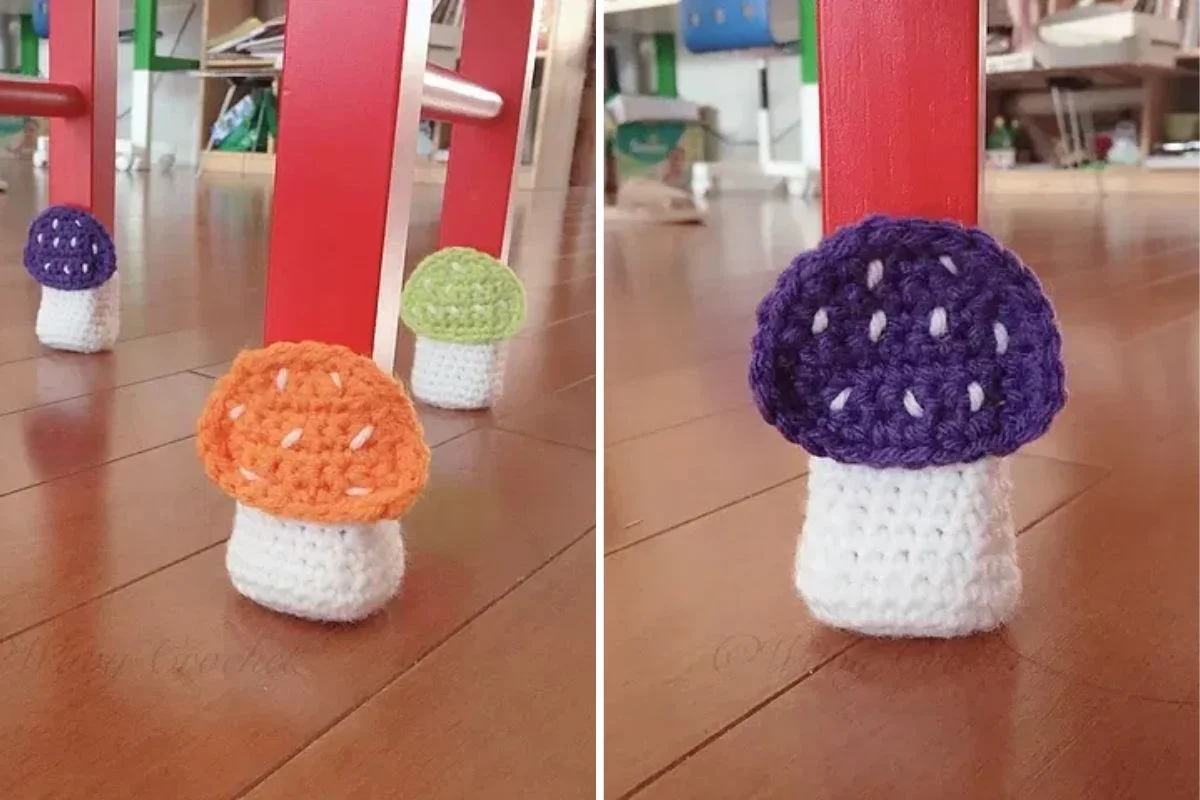 Crocheted mushroom-shaped covers, inspired by the African Flower Cardigan Side pattern, are placed on the bottom of red chair legs to protect the wooden floor.