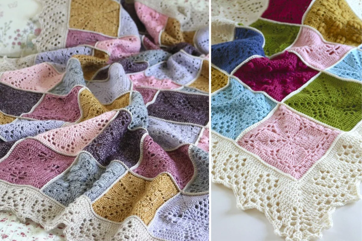 A close-up and detailed view of a colorful crocheted blanket made of square patches in various colors, bordered with a cream-colored lace edge—evoking the charm of a handmade Snowdrop Cardigan.