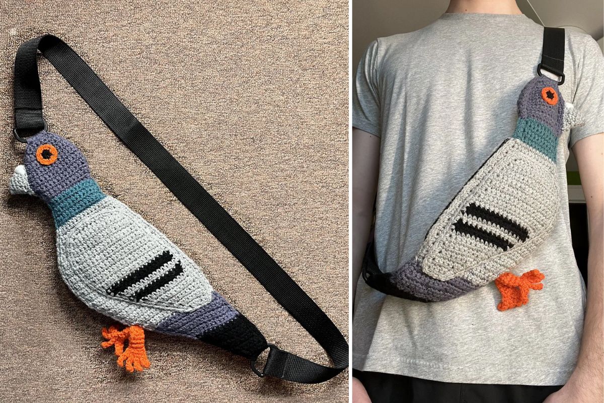 A crocheted bag shaped like a pigeon with a black strap is shown on a flat surface and worn across a person's body, making it the perfect quirky match for your pop-up animal coasters.