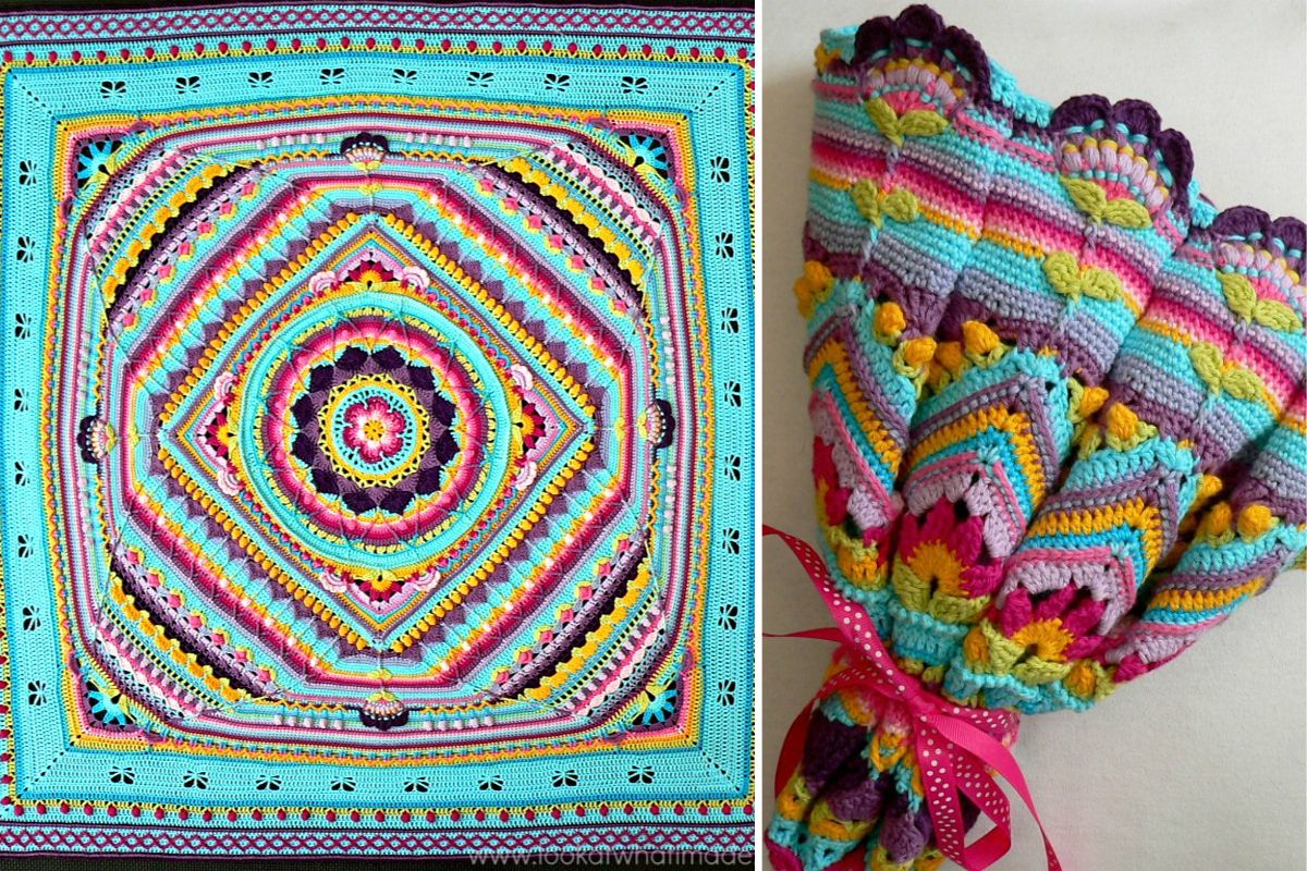 A multicolored, intricately crocheted square blanket is shown on the left; on the right, a matching crochet piece is folded and tied with a pink ribbon, resembling a bouquet.