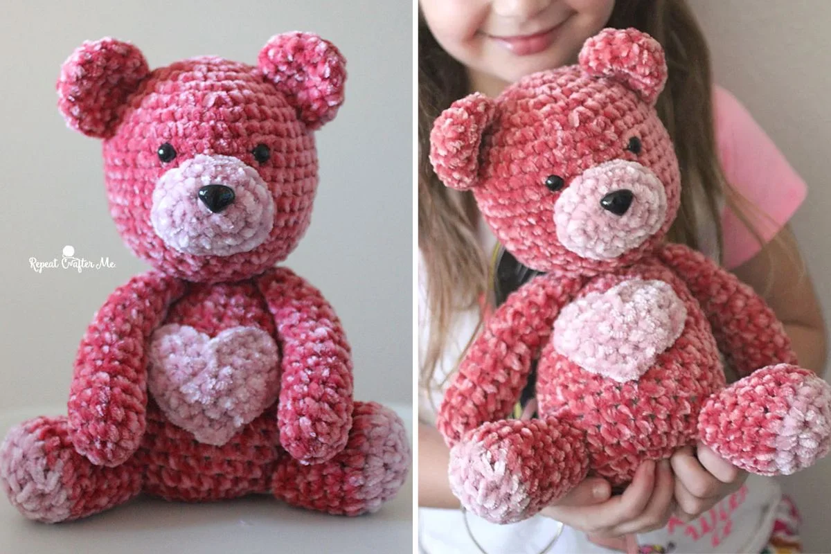 A pink crocheted teddy bear with a heart on its chest is shown alone and being held by a smiling child.