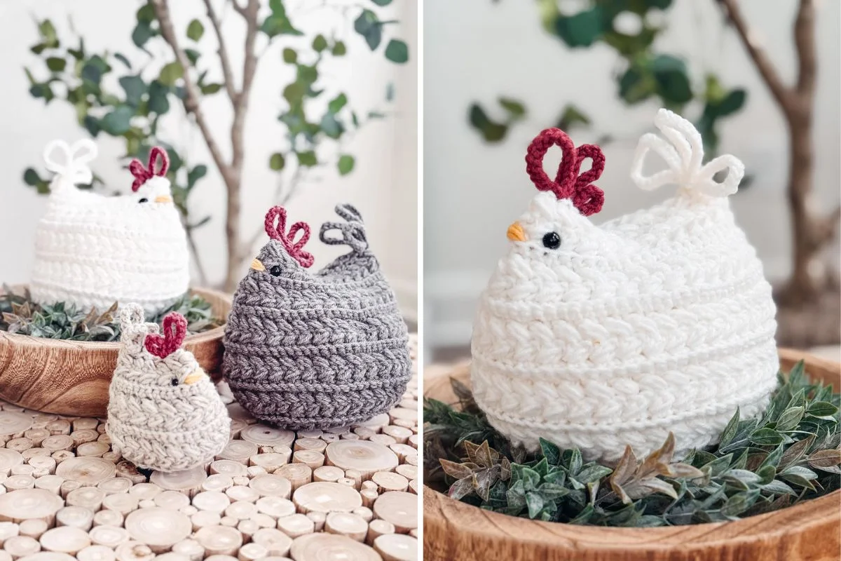 Three crocheted chicken figures, two white and one gray, are displayed in wooden bowls with greenery on a surface covered with wooden discs.